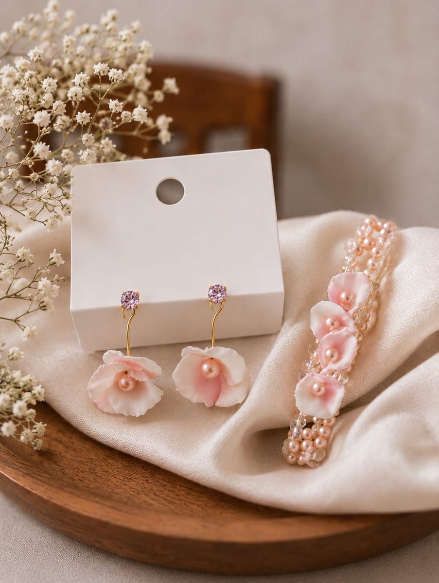 Pendientes y pulsera de flores de porcelana fría con perlas, pieza artesanal de una clienta de Flor y Encanto