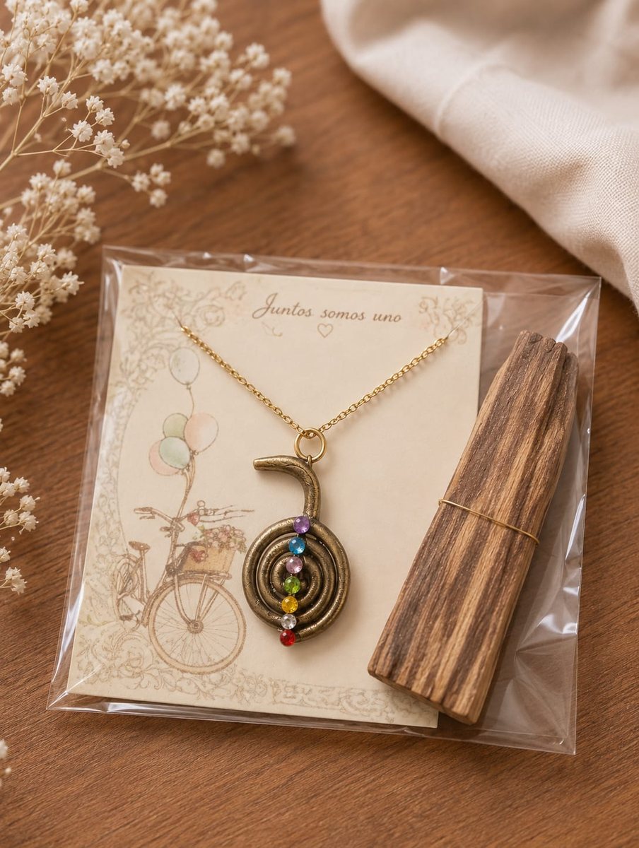 Colgante artesanal Juntos somos uno con palo santo, pieza de una clienta de Flor y Encanto